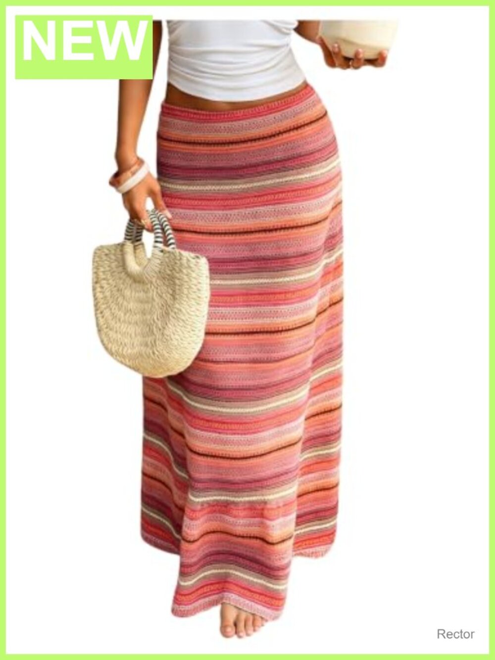 Striped Crochet Knit Maxi Skirt Elastic Waist Low Rise Bodycon